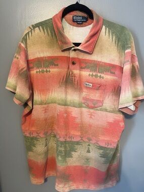 VINTAGE. Polo by Ralph Lauren Coral & Sage Aztec pattern